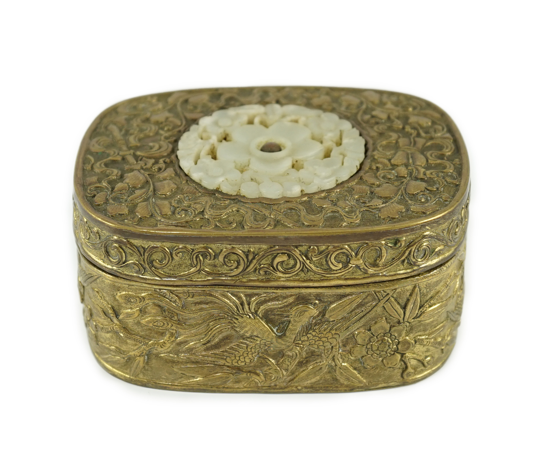 A Chinese jade mounted gilt metal box and cover, 19th century